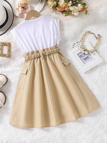Young Girls Casual Sleeveless Khaki Dress With Pocket Design And Contrast Color Block, Summer