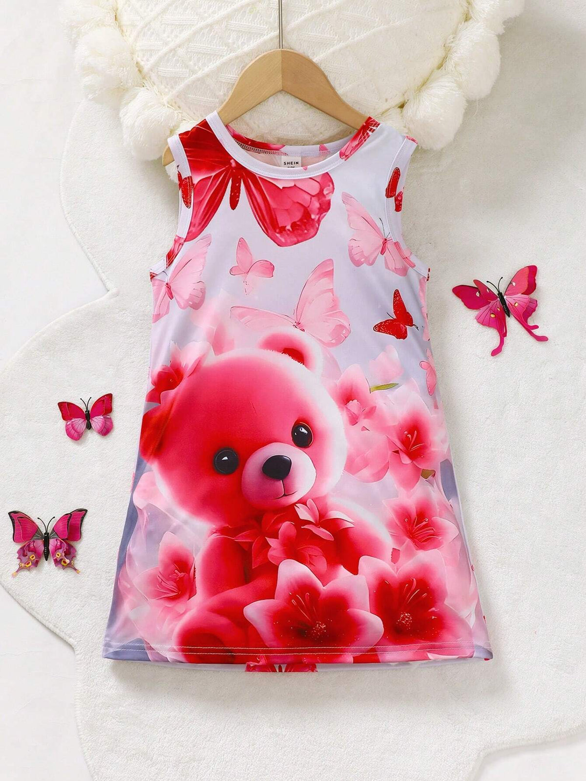 Young Girls' Casual Sleeveless Regular Dress With Cute Laser Digital Positioning Floral, Butterfly, And Bear Patterns, Suitable As Home Clothing