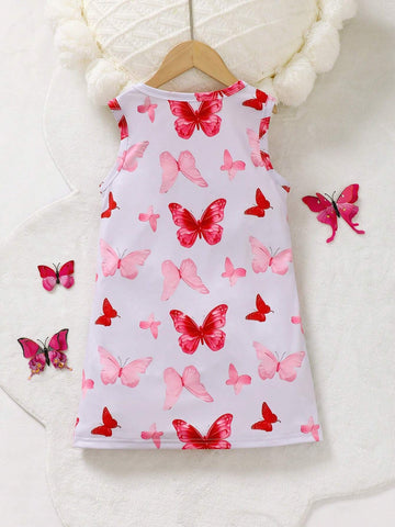 Young Girls' Casual Sleeveless Regular Dress With Cute Laser Digital Positioning Floral, Butterfly, And Bear Patterns, Suitable As Home Clothing