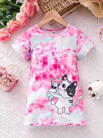 Young Girl's Casual Sporty Cute Cat Printed Dress