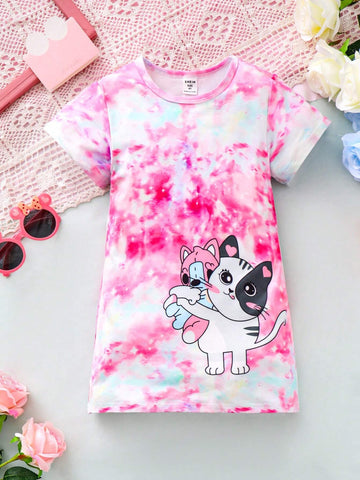 Young Girl's Casual Sporty Cute Cat Printed Dress