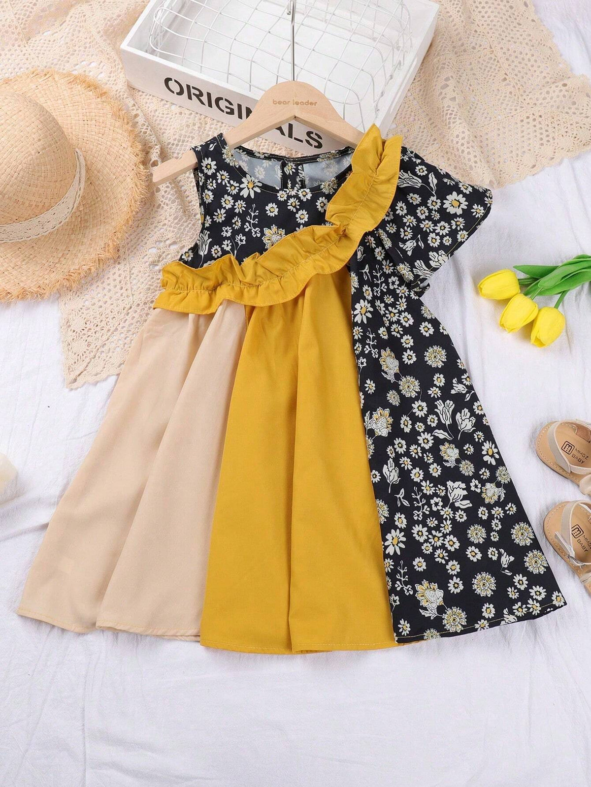 Young Girl's Colorblock Wood Ear Edge Floral Dress, Summer