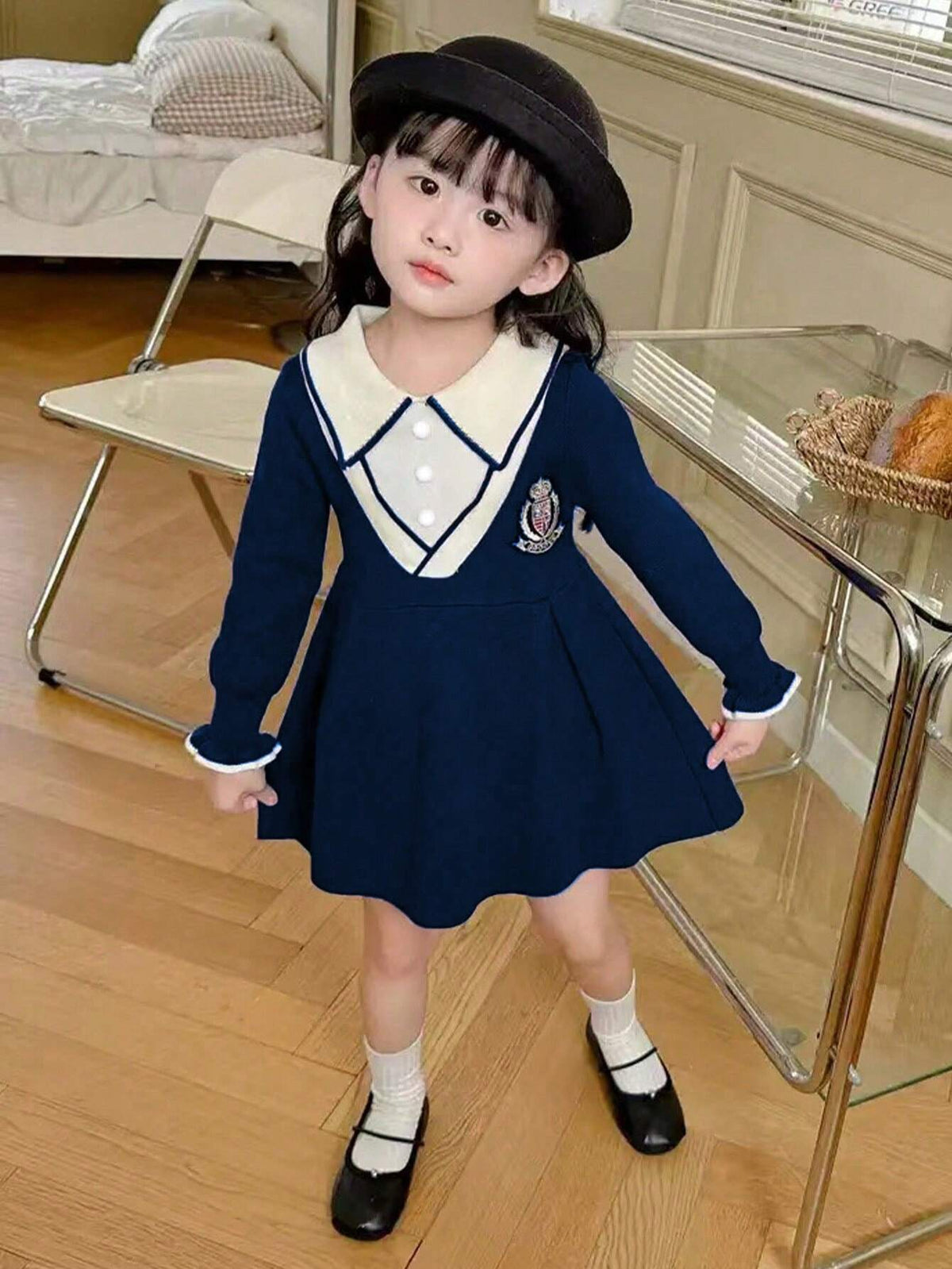 Young Girls" Colorblocked Collar Long Sleeve Dress, Fashionable Campus Style With Letter Detail