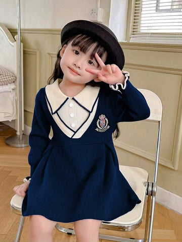 Young Girls" Colorblocked Collar Long Sleeve Dress, Fashionable Campus Style With Letter Detail