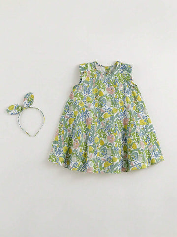 Young Girls" Elegant French Style Floral And Bird Print A-Line Round Neck Sleeveless Vest Dress (With A Headband) For Summer