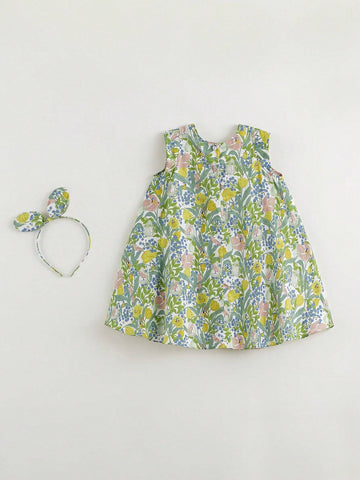 Young Girls" Elegant French Style Floral And Bird Print A-Line Round Neck Sleeveless Vest Dress (With A Headband) For Summer