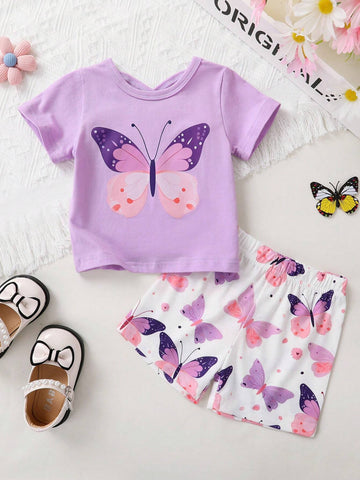 Young Girls' Elegant, Sweet & Cute Butterfly Knot Pattern Printed T-Shirt And Shorts Set, Suitable For Casual, Vacation, Party