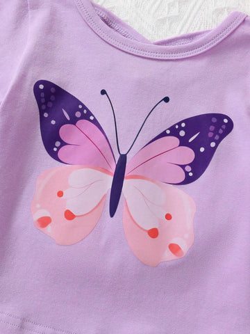 Young Girls' Elegant, Sweet & Cute Butterfly Knot Pattern Printed T-Shirt And Shorts Set, Suitable For Casual, Vacation, Party