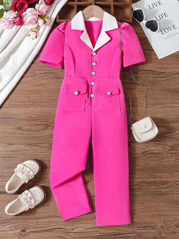 Young Girls Elegant V-Neck Buttoned Jumpsuit With Short Sleeve And Contrasting Patchwork, Summer Outfits