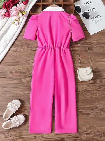 Young Girls Elegant V-Neck Buttoned Jumpsuit With Short Sleeve And Contrasting Patchwork, Summer Outfits