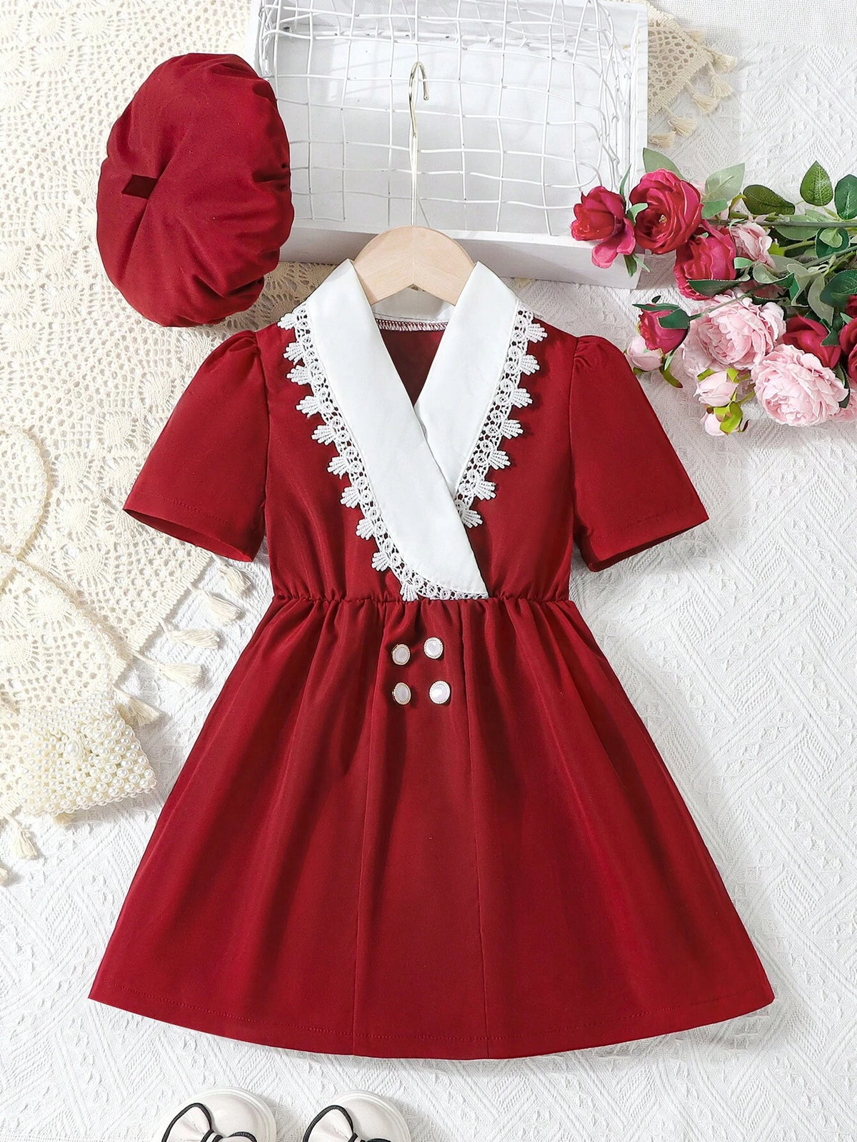Young Girls' Elegant V-Neck Crossed Collar Lace Decor Mid-Calf Short Sleeve Dress And Beret, Suitable For Children's Evening Parties, Summer
