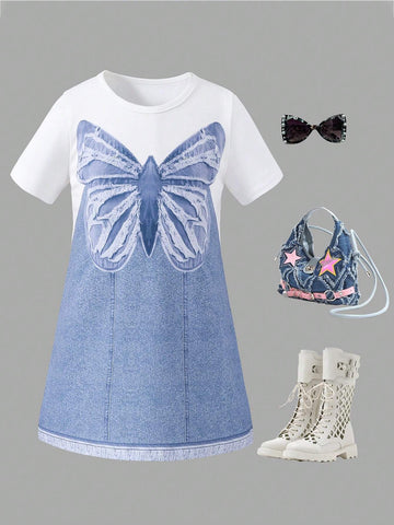 Young Girl's Fashionable Butterfly Printed Dress, Perfect For Back To School Season And Warm Vacation In Summer