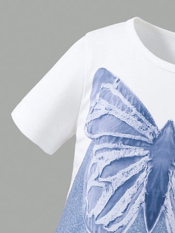 Young Girl's Fashionable Butterfly Printed Dress, Perfect For Back To School Season And Warm Vacation In Summer