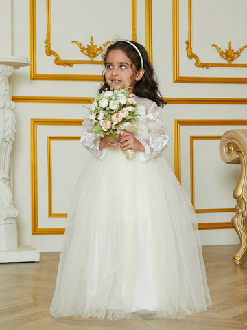 Young Girls" Fashionable Solid Color Mesh Dress Suitable For Flower Girl Dress