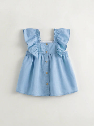 Young Girls' Fashionable Sweet And Cooling Lace Flying Sleeve Square Neck Vest Dress For Summer
