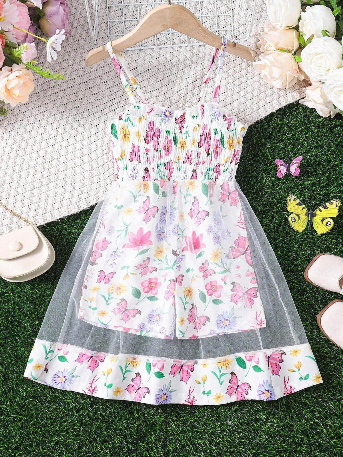 Young Girls' Floral Design Sense Spaghetti Strap Mesh Jumpsuit Shorts For Summer