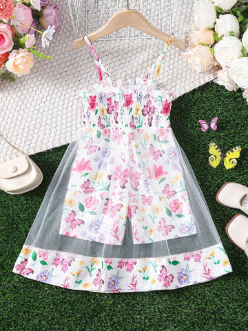 Young Girls' Floral Design Sense Spaghetti Strap Mesh Jumpsuit Shorts For Summer