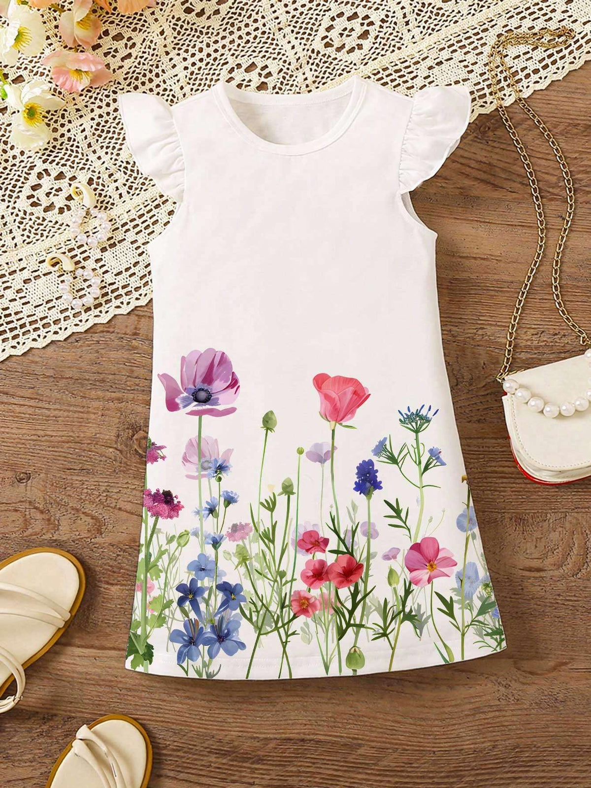 Young Girls' Floral Printed Cap Sleeve Dress With Flounce Hem