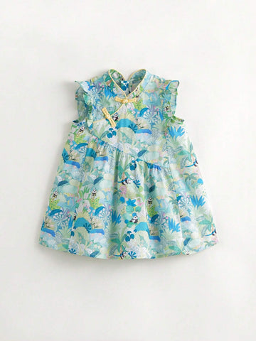 Young Girls" Floral Stand Collar Qipao Dress With Ruffled Hem And Flared Sleeves, Summer