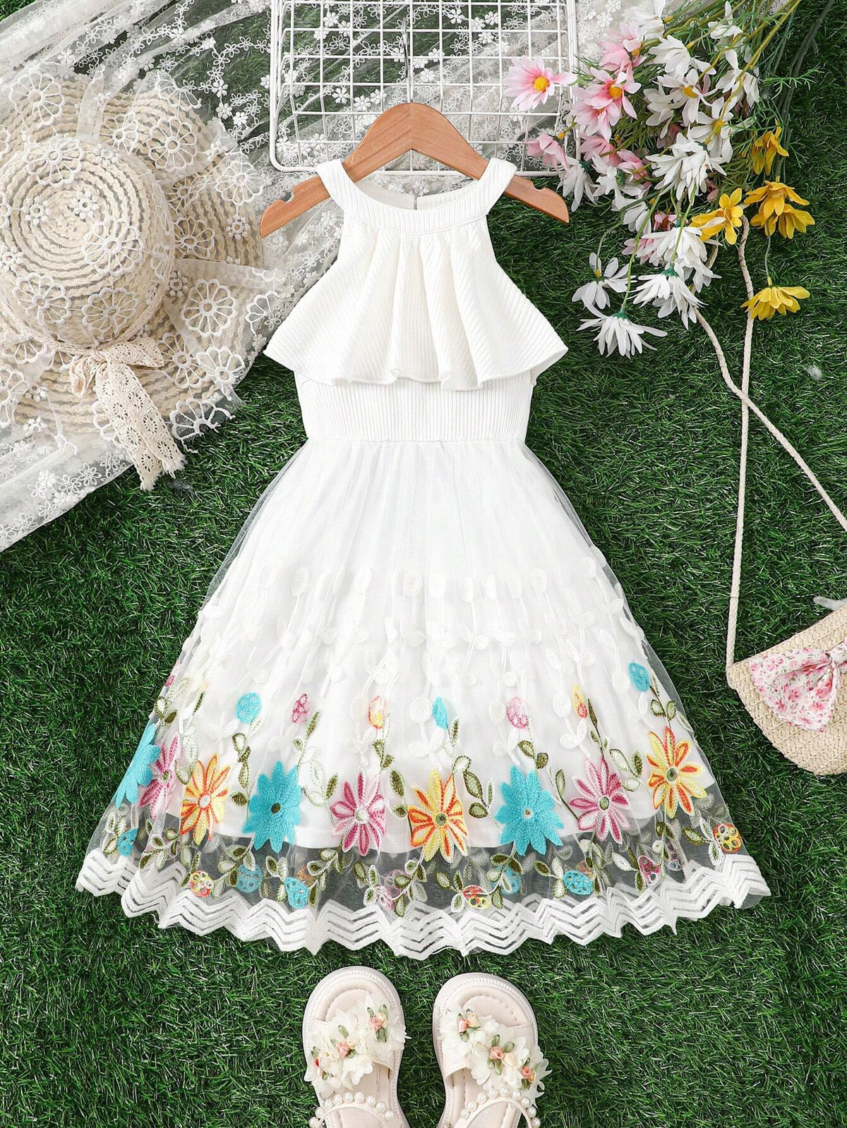 Young Girls' Knitted Sleeveless Halter Floral Embroidery Mesh Loose Casual Dress In Solid Color