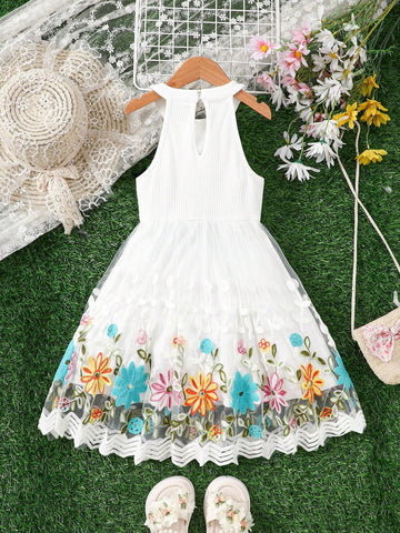Young Girls' Knitted Sleeveless Halter Floral Embroidery Mesh Loose Casual Dress In Solid Color