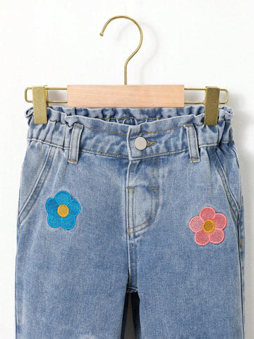 Young Girls' Light Washed Blue Loose Fit Jeans With Embroidered Flowers