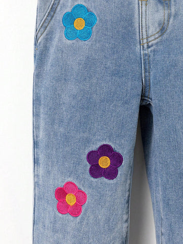 Young Girls' Light Washed Blue Loose Fit Jeans With Embroidered Flowers