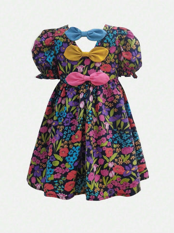 Young Girl's Loose Round Neck Cap Sleeve Knitted Floral Dress