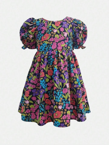 Young Girl's Loose Round Neck Cap Sleeve Knitted Floral Dress