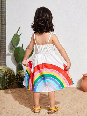 Young Girl's Loose Weave Casual Holiday Rainbow Printed Spaghetti Strap Dress With Crossbody Bag