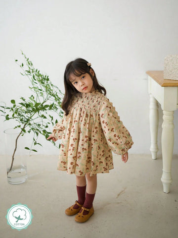 Young Girls' Lovely Chic Lantern Sleeve Flower Printed Dress For Spring/Summer