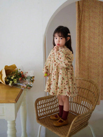 Young Girls' Lovely Chic Lantern Sleeve Flower Printed Dress For Spring/Summer