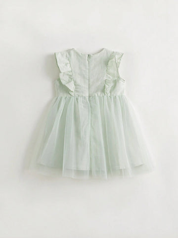 Young Girls" New Chinese Style Sweet Lace Flying Sleeve Mesh Splice Round Neck Dress For Summer