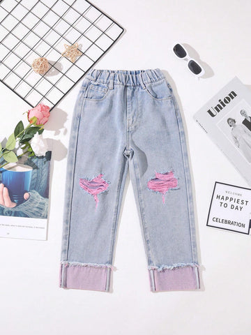 Young Girls' Personality Basic Daily Casual Two-Tone Jeans With Ripped Detail And Rolled Hem