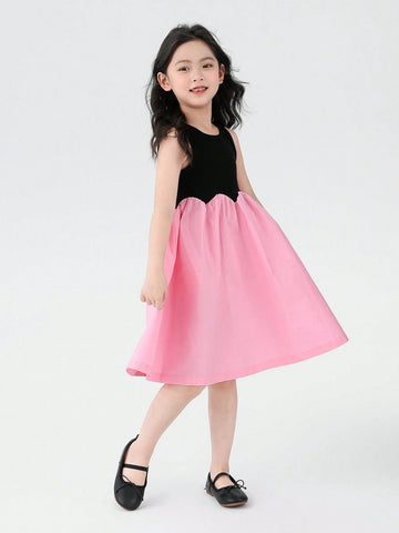 Young Girls Petal Color Block Dress, Summer Sleeveless Princess Dress For 2024, Fashionable Kids Clothing