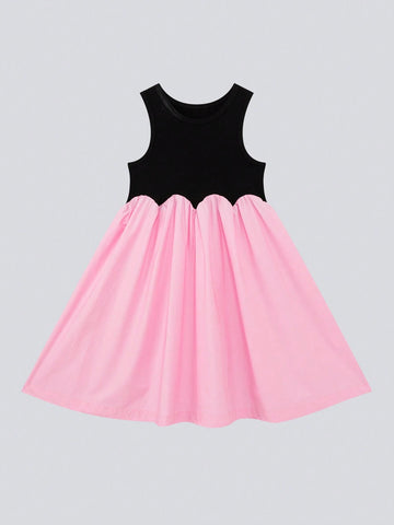 Young Girls Petal Color Block Dress, Summer Sleeveless Princess Dress For 2024, Fashionable Kids Clothing