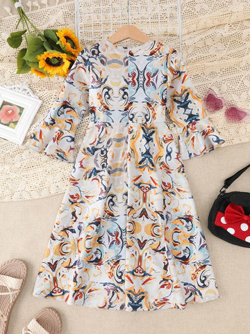 Young Girls' Printed V-Neck Loose Fit Dress And Jacket