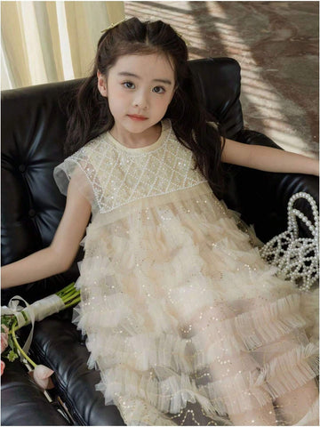 Young Girls Sequined Princess Dress Sleeveless With Pearl Shawl And Veil