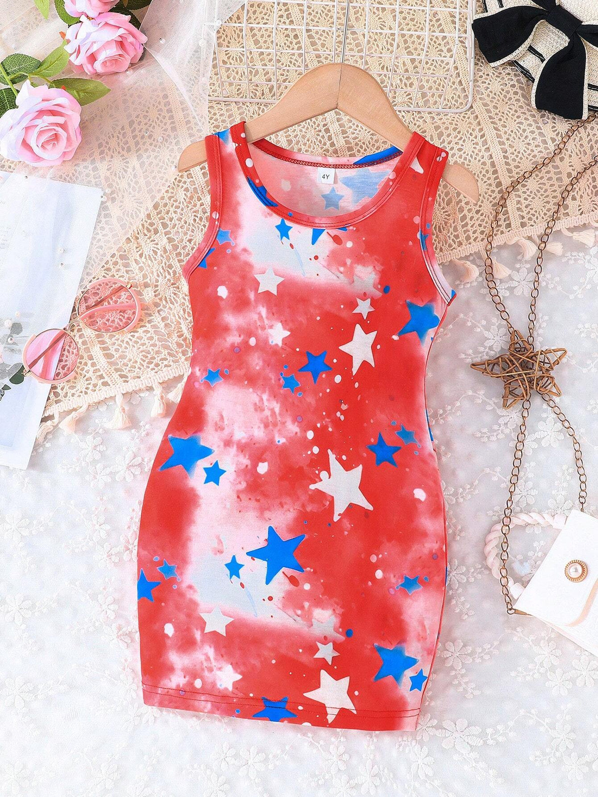 Young Girls Sleeveless Ombre Star Printed Casual Tank Dress
