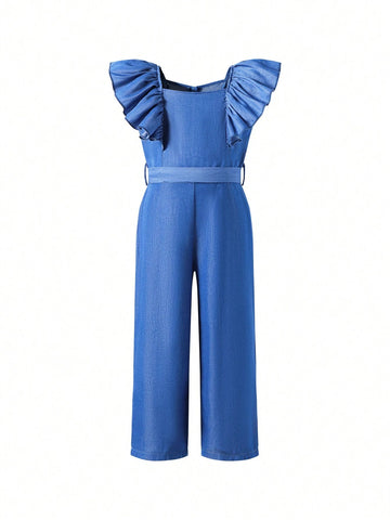Young Girls Solid Color Jumpsuit With Simple And Delicate Lace Cuff Decoration