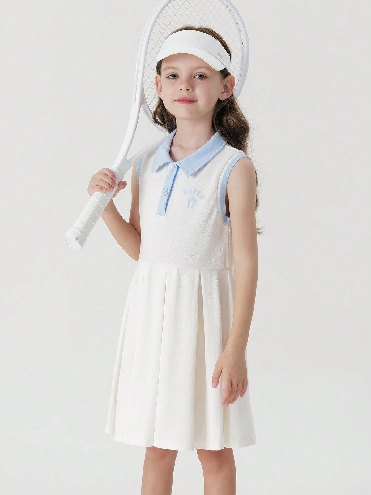Young Girls" Sporty Sleeveless Polo Dress With Pleated Hem And Colorful Striped Collar, Quick-Dry And Cool For Summer