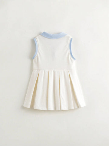 Young Girls" Sporty Sleeveless Polo Dress With Pleated Hem And Colorful Striped Collar, Quick-Dry And Cool For Summer