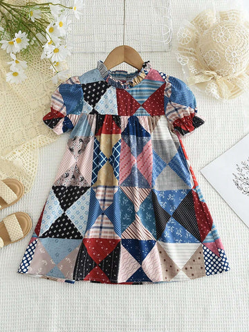 Young Girls' Stand Collar Mushroom Edging Geometric Patchwork Floral Dress For Summer