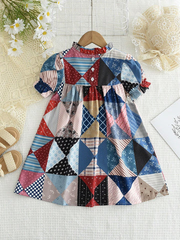 Young Girls' Stand Collar Mushroom Edging Geometric Patchwork Floral Dress For Summer