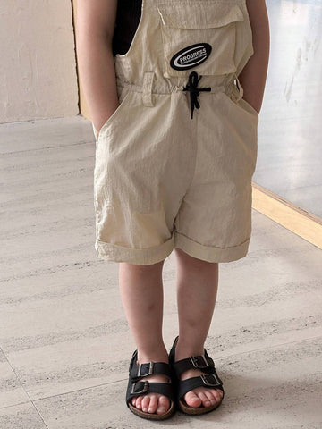 Young Girls Summer Casual Overall Shorts With Letter Print And Waist Drawstring