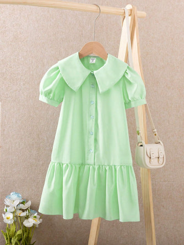 Young Girls Summer Casual Solid Color Tiered Ruffle Sleeve Buttoned Shirt Dress
