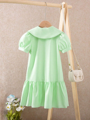 Young Girls Summer Casual Solid Color Tiered Ruffle Sleeve Buttoned Shirt Dress