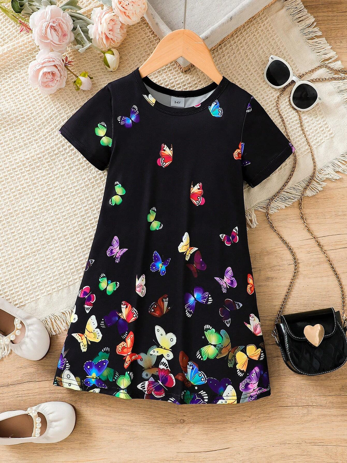 Young Girls" Summer Casual T-Shirt Dress With Butterfly Prints And Short Sleeves