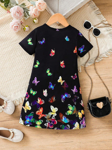 Young Girls" Summer Casual T-Shirt Dress With Butterfly Prints And Short Sleeves