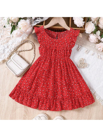 Young Girls' Summer Ditsy Floral Ruffle Hem Round Neck Cap Sleeve Casual Dress